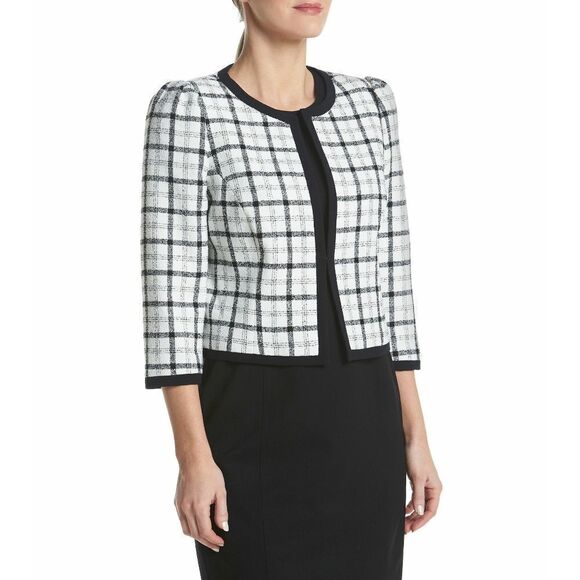 New! NINE WEST Women's Plaid Cropped Jacket Blazer Size 2 Ivory/Black - Picture 3 of 6